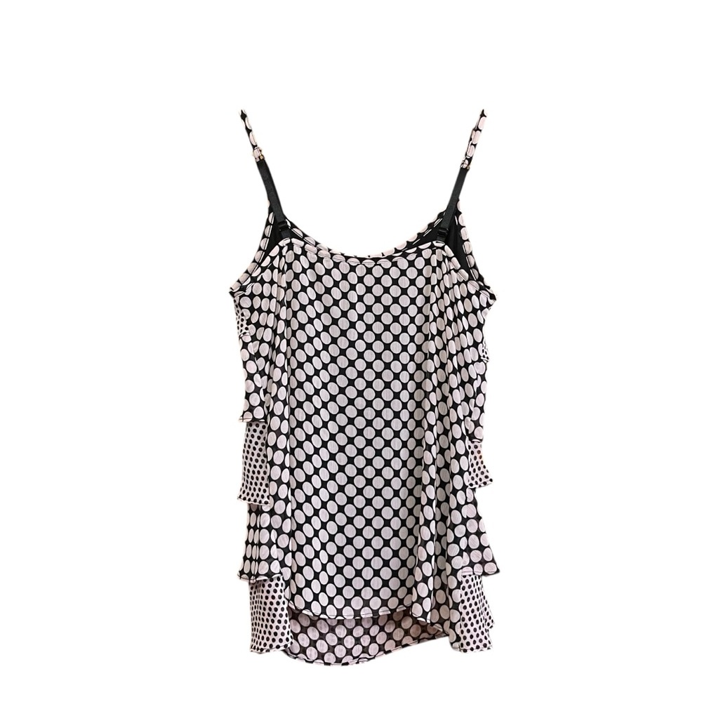 New York & Company Sheer Tiered Polka Dot Babydoll Cami Tank Top Pink Black XS* - Picture 4 of 6